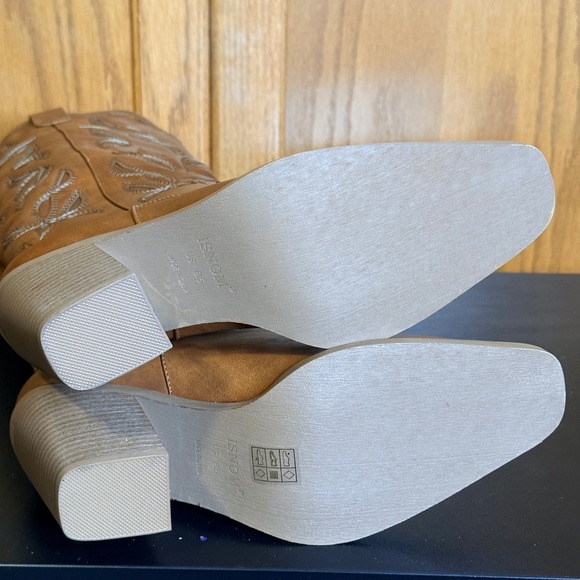 ISNOM Women's Sz 8.5 Brown Leather Western Cowboy Boots Block Heel Knee High - Picture 10 of 10